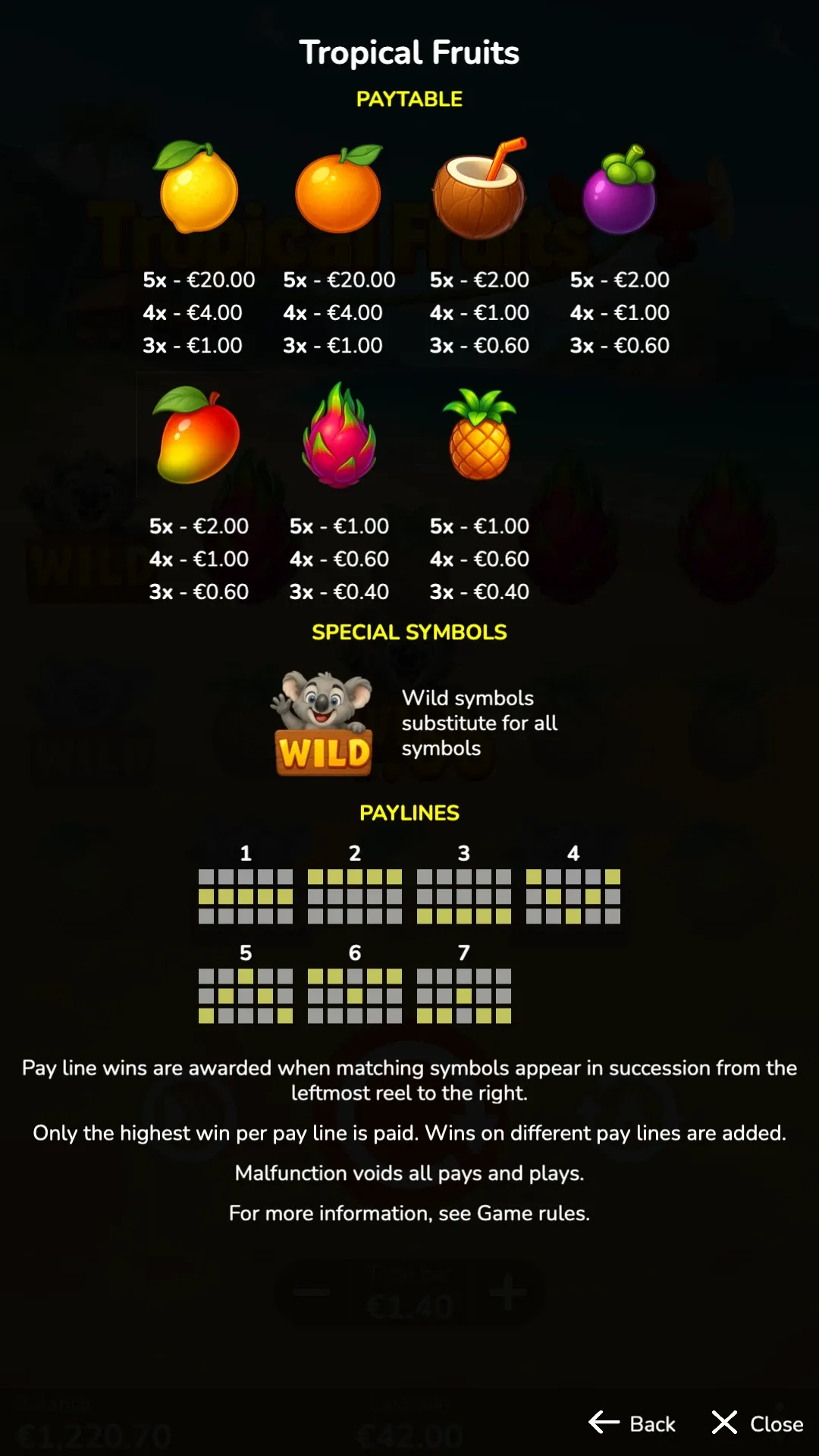 Screenshot: paytable